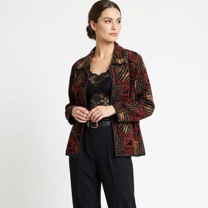 Coldwater Creek Boho Patchwork Tapestry Jacket Coat Metallic Gold Geometric Sz L
